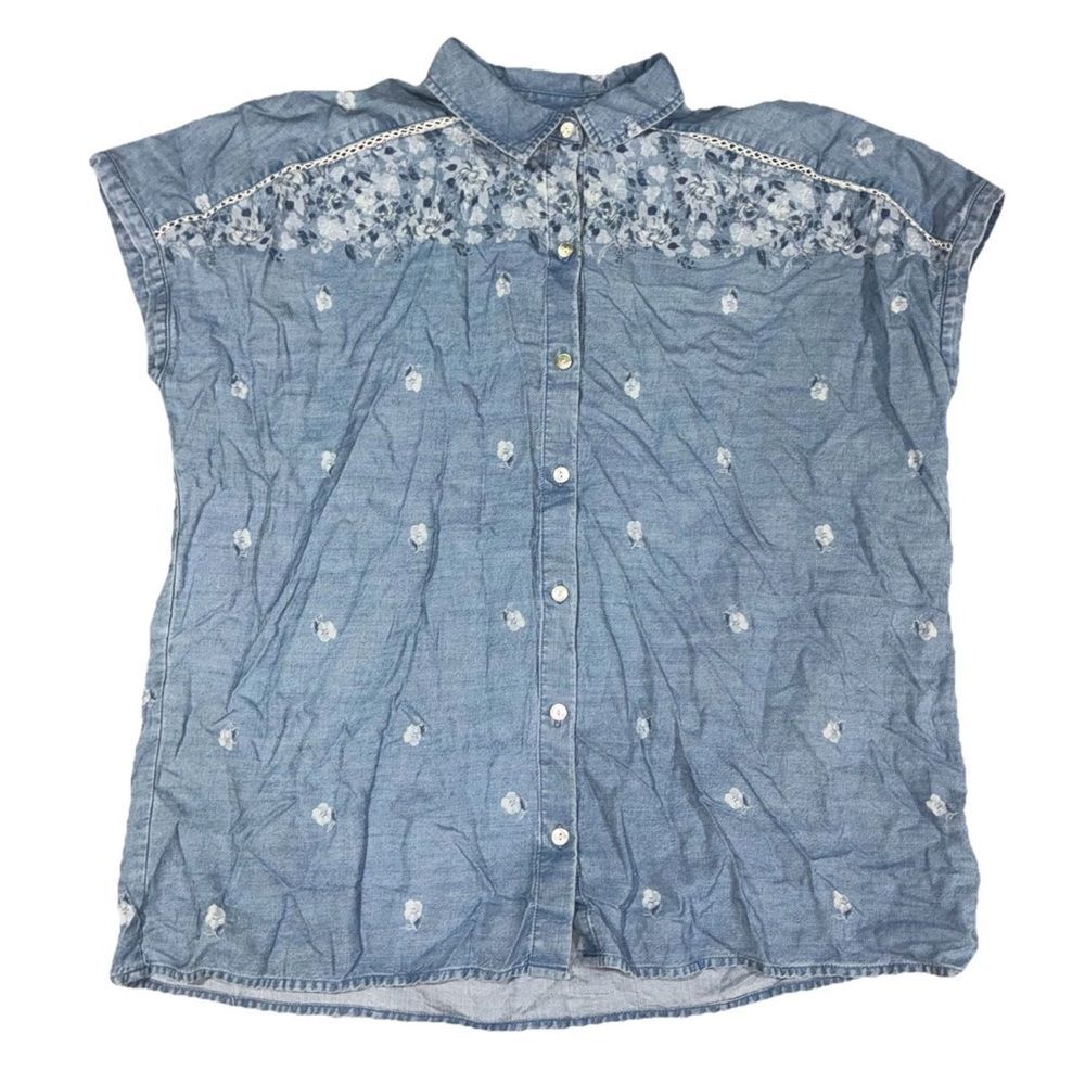 J.Jill Denim Floral Chambray Tunic Top Women’s Large Tencel Blue Short Sleeve